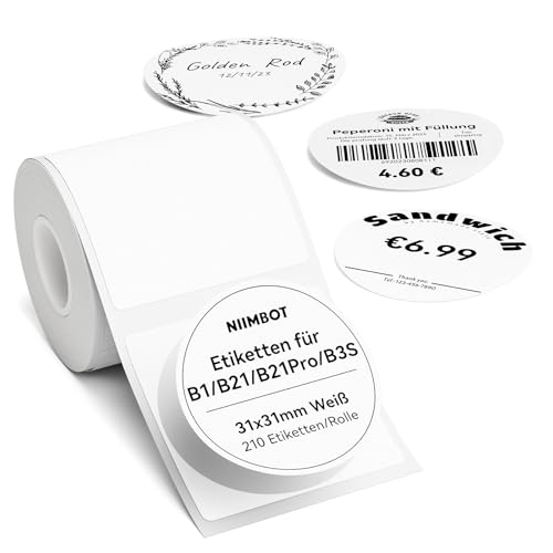 NIIMBOT Etiketten für B1 B21 B3S Etikettendrucker, 31 x 31mm 210 Etiketten pro Rolle, 1 Rolle Selbstklebender Etikettenband Thermo-Etikettenband für Supermärkte, Einzelhandel, Büro, Weiß, Rund NIIMBOT Etiketten für B1 B21 B3S Etikettendrucker, 31 x 31mm 210 Etiketten pro Rolle, 1 Rolle Selbstklebender Etikettenband Thermo-Etikettenband für Supermärkte, Einzelhandel, Büro, Weiß, Rund von NIIMBOT