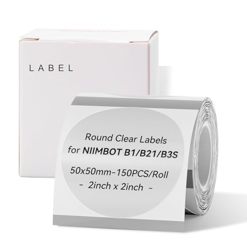 NIIMBOT Etiketten für B21/B3S Etikettendrucker, Thermo-Etiketten, 50 x 50 mm, wasserdicht, öldicht, 1 Rolle mit 150 Aufkleber-Etiketten (rund, klar) von NIIMBOT