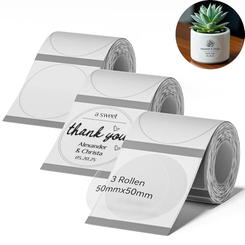 NIIMBOT Rund Etiketten Kompatible für B1 / B21 / B3S Etikettendrucker, 3 Rollen 50 x 50mm Thermo Etikettenband für Supermärkte Einzelhandel Büro, 150 Etiketten/Rolle, Transparent von NIIMBOT