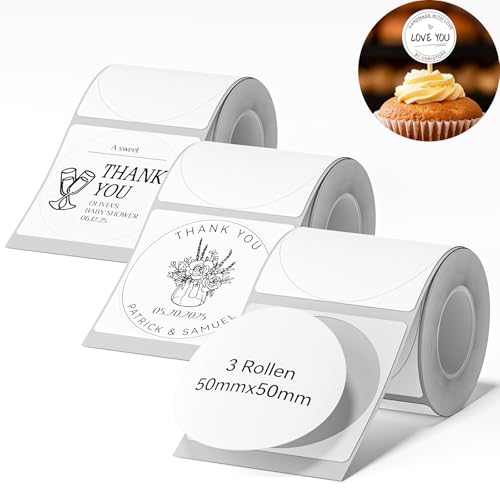 NIIMBOT Rund Etiketten Kompatible für B1 / B21 / B3S Etikettendrucker, 3 Rollen 50 x 50mm Thermo Etikettenband für Supermärkte Einzelhandel Büro, 150 Etiketten/Rolle, Weiß NIIMBOT Rund Etiketten Kompatible für B1 / B21 / B3S Etikettendrucker, 3 Rollen 50 x 50mm Thermo Etikettenband für Supermärkte Einzelhandel Büro, 150 Etiketten/Rolle, Weiß von NIIMBOT