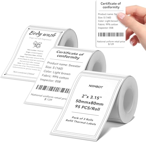 NIIMBOT Rund Etiketten Kompatible für B1 / B21 / B3S Etikettendrucker, 3 Rollen 50 x 80mm Thermo Etikettenband für Supermärkte Einzelhandel Büro, 95 Etiketten/Rolle, Weiß NIIMBOT Rund Etiketten Kompatible für B1 / B21 / B3S Etikettendrucker, 3 Rollen 50 x 80mm Thermo Etikettenband für Supermärkte Einzelhandel Büro, 95 Etiketten/Rolle, Weiß von NIIMBOT