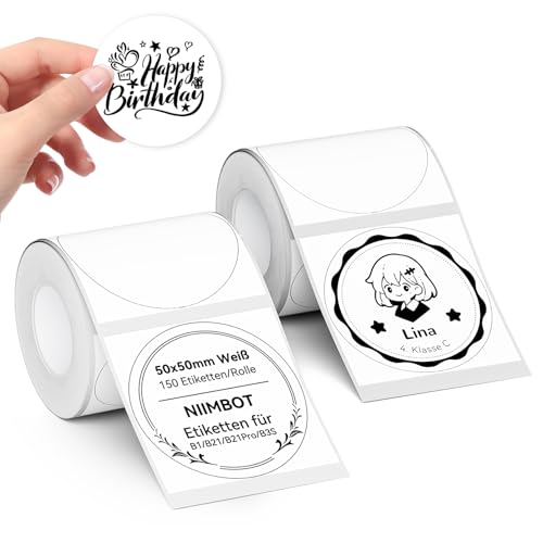 NIIMBOT Selbstklebende Etiketten Rolle, Etikettenband für B1 / B21 / B3S, 2 Rollen Runde Beschriftungsetiketten Aufkleber Bänder Wasserfest Abriebfest Thermopapier (Weiß, 2 Rollen 50x50 Rund) von NIIMBOT