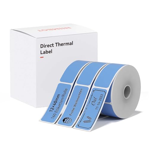 NIIMBOT Thermo Etiketten Selbstklebend, 12 x 40mm Etikettendrucker Thermopapier Kompatibel mit dem D110 D11 D101 Etikettendrucker, 160 Etiketten/Rolle (3-Rollen-Pack, Blau) von NIIMBOT