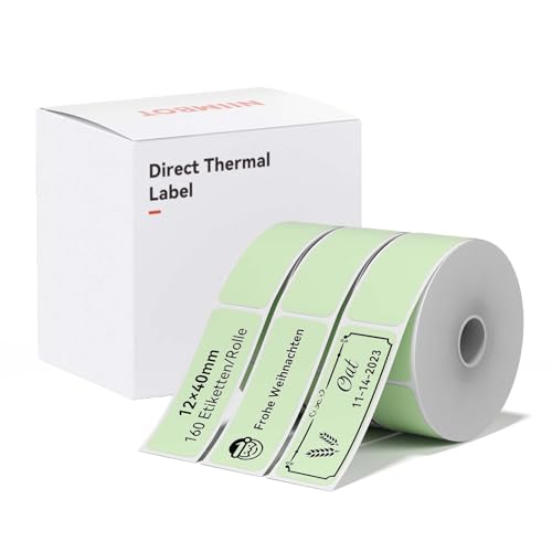 NIIMBOT Thermo Etiketten Selbstklebend, 12 x 40mm Etikettendrucker Thermopapier Kompatibel mit dem D110 D11 D101 Etikettendrucker, 160 Etiketten/Rolle (3-Rollen-Pack, Grün) von NIIMBOT