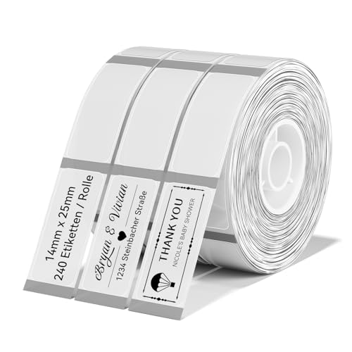 NIIMBOT Thermo Etiketten Selbstklebend, 14 x 25mm Etikettendrucker Thermopapier Kompatibel mit dem D110 D11 D101 Etikettendrucker, 240 Etiketten/Rolle (3-Rollen-Pack, Transparent) von NIIMBOT