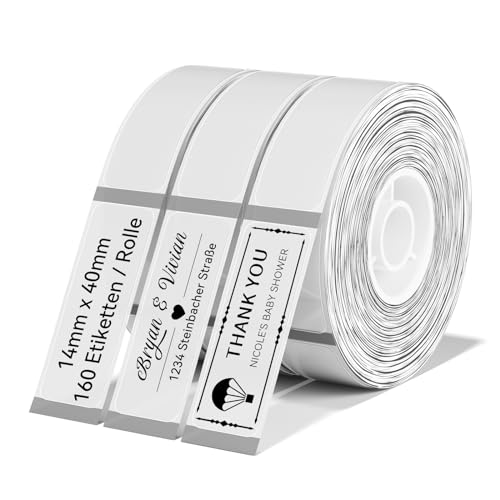 NIIMBOT Thermo Etiketten Selbstklebend, 14 x 40mm Etikettendrucker Thermopapier Kompatibel mit dem D110 D11 D101 Etikettendrucker, 160 Etiketten/Rolle (3-Rollen-Pack, Transparent) von NIIMBOT