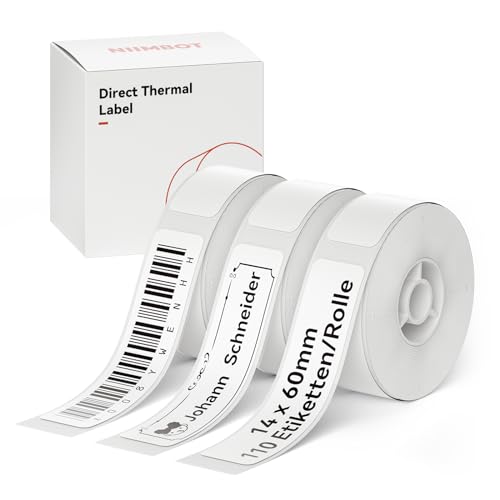 NIIMBOT Thermo Etiketten Selbstklebend, 14 x 60mm Etikettendrucker Thermopapier Kompatibel mit dem D110 D11 D101 Etikettendrucker, 110 Etiketten/Rolle (3-Rollen-Pack, Weiß) von NIIMBOT