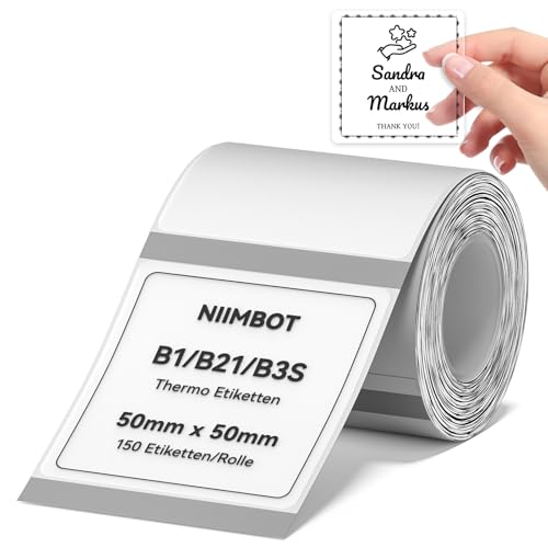 NIIMBOT Thermo Etiketten Selbstklebend, B1/B21/B3S Etikettenband Papier für Schule, Zuhause, Büro, Kleine Unternehmen (Klar-Quadrat-50 x 50mm) von NIIMBOT