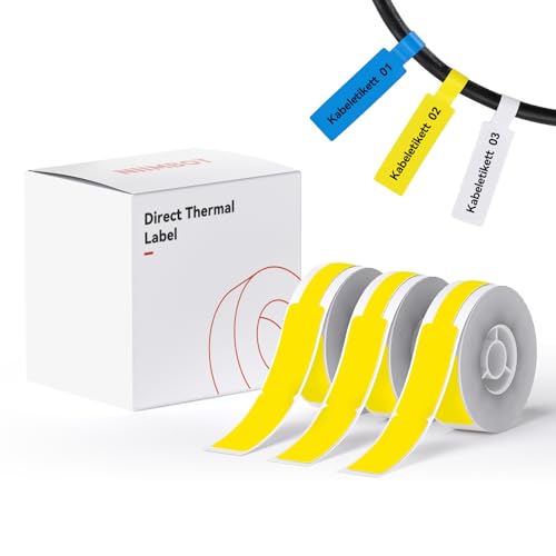 NIIMBOT Thermo Kabeletiketten, 12.5 x 109mm Etikettendrucker Thermo Papier Kompatibel mit dem D110 D11 D101 H1S Etikettendrucker, 65 Etiketten/Rolle (3-Rollen-Pack) (Gelb) von NIIMBOT