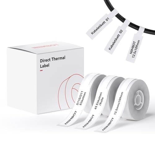NIIMBOT Thermo Kabeletiketten, 12.5 x 109mm Etikettendrucker Thermo Papier Kompatibel mit dem D110 D11 D101 H1S Etikettendrucker, 65 Etiketten/Rolle (3-Rollen-Pack) (Weiß) von NIIMBOT