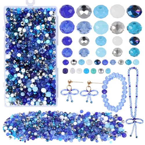 NIKUNX 1300 Stück Blaue Rondelle Kügelchen, Facettierte Glasperlen 4mm/6mm/8mm, Gemischte Kristallperlen, Kristall Facettierte Perlen für Armbänder, Halsketten, Ohrringe Schmuckherstellung (B) von NIKUNX