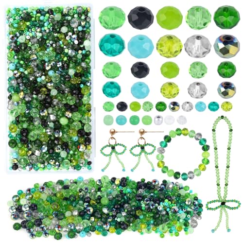 NIKUNX 1300 Stück Grüne Rondelle Kügelchen, Facettierte Glasperlen 4mm/6mm/8mm, Gemischte Kristallperlen, Kristall Facettierte Perlen für Armbänder, Halsketten, Ohrringe Schmuckherstellung (A) von NIKUNX