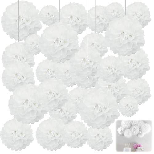 NINGYER 30 Stück Pompons Deko, Weiß Seidenpapier Pompons, Pompom Deko, Geeignet für Geburtstag Party, Valentinstag, Hochzeit, Mottoparty Feier (4 Größen) von NINGYER
