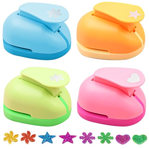 NINGYER 4 Stk Papierstanzer Set, 15 mm Motivstanzer Set, Wellen/Fünfzackige Sterne/Schneeflocken/Herzen Motivlocher Ausstanzer Stanzer Set, für DIY Fotoalben, Grußkarten (Vier Farben) von NINGYER