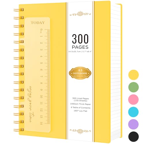 NIRMIRO A5-Notizblock, 300 Seiten, Spiralnotizbücher zum Schreiben, Spiralbindung, dickes Notizbuch mit 100 g/m² liniertem Papier, fester Einband, PVC-Einband, Notizblöcke, 14,5 x 20,7 cm, Gelb von NIRMIRO