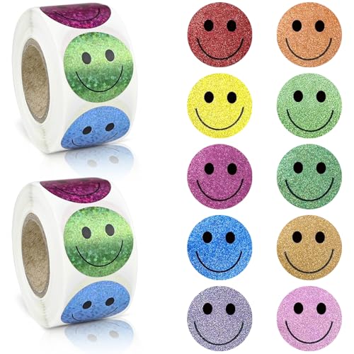 NISENTIA 1000 Stück Smiley Aufkleber, 2 Rollen Smiley Sticker Bunt Glitzer Belohnung 25 mm Happy Face Rund Aufkleber für Belohnungsaufkleber Geschenkdekorationen Partydekorationen von NISENTIA