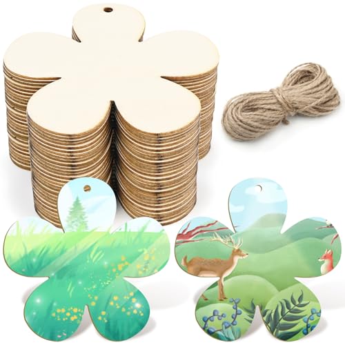 NISENTIA 30 Stück Holzblumen zum Bemalen, 7,5 cm Holzblumen Deko Holzblume Holzanhänger zum Bemalen mit Schnur Blumenanhänger Holz für DIY Handwerk Scrapbooking Weihnachtsbaum Anhänger von NISENTIA