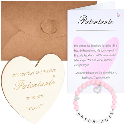 NISENTIA Willst Du Meine Patentante Sein, Patentante Fragen Geschenk Armband Alphabet Herzförmiges Holzschild Definition Karte und Umschläge Möchtest Du Meine Patentante Werden Taufpatin Fragen von NISENTIA