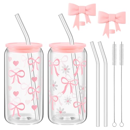 NISHZHU Eiskaffeetasse Schleife Glasbecher 473.6 g mit Deckel und Strohhalm, elegantes Geschenk für beste Freundin, dekoratives Schleifen-Design, vielseitiges Trinkglas NISHZHU Eiskaffeetasse Schleife Glasbecher 473.6 g mit Deckel und Strohhalm, elegantes Geschenk für beste Freundin, dekoratives Schleifen-Design, vielseitiges Trinkglas von NISHZHU