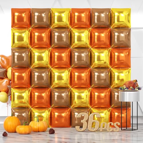 NISOCY 36 Stück orangefarbene, goldfarbene, braune quadratische Folienballons, Wandhintergrund, metallisch, doppelseitig, orange/gold/braun, Luftballons, Tunnelbogen-Set für Geburtstag, Hochzeit von NISOCY