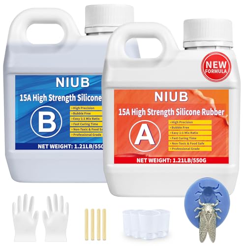 NIUB Abformsilikon, 15A 1,25kg Flüssiges Silikon Abformmasse, Selbstentlüftend, Lebensmittelecht, Easy Mold Release, Niedrige Viskosität, Anti-Tear, Hohe Zähigkeit - Silikon zum Abformen(Blaue) von NIUB