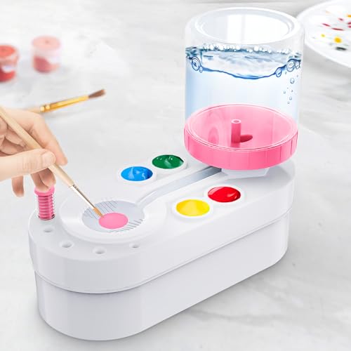 Pinselspüler, Wasserfarbenreiniger: 2023 NIUCOO Pinselspender, multifunktionaler Wasser-Recycling-Spülung, automatischer Pinselreiniger für Acrylfarben, Aquarellfarben auf Wasserbasis (weiß-rosa) von NIUCOO