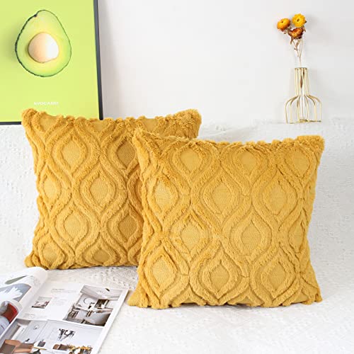 NIULAA 2er Set Plüsch Wolle Kissenbezug 40x40 cm Senfgelb Samt Boho Deko Kissen Flauschig Couchkissen Dekokissen Fell Kissenbezüge für Sofa Modern Kissenhülle Bezug Sofakissen Zierkissen von NIULAA