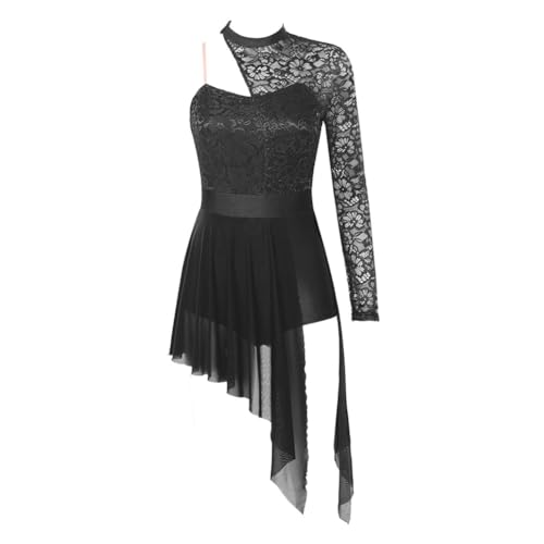Modernes Tanzkleid, Damen-Ballettkleid, eine Schulter, Lange Ärmel, Spitze, Netzstoff, asymmetrisch, Mehrfarbig, mehrere Größen(Black,L) von NIUSABOU