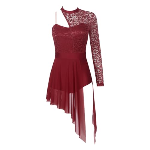 Modernes Tanzkleid, Damen-Ballettkleid, eine Schulter, Lange Ärmel, Spitze, Netzstoff, asymmetrisch, Mehrfarbig, mehrere Größen(Burgundy,L) von NIUSABOU