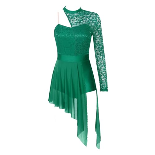 Modernes Tanzkleid, Damen-Ballettkleid, eine Schulter, Lange Ärmel, Spitze, Netzstoff, asymmetrisch, Mehrfarbig, mehrere Größen(Gn,M) von NIUSABOU