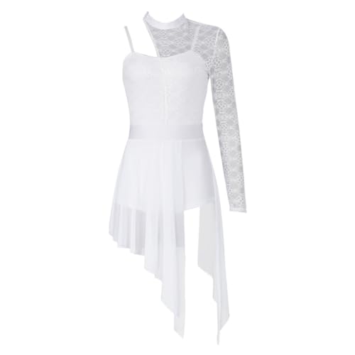Modernes Tanzkleid, Damen-Ballettkleid, eine Schulter, Lange Ärmel, Spitze, Netzstoff, asymmetrisch, Mehrfarbig, mehrere Größen(White,M) von NIUSABOU