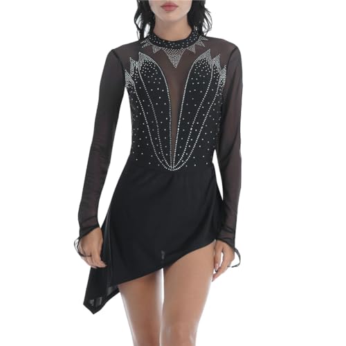 Modernes Tanzkleid, Tanztrikotkleid mit Strasssteinen und Netzstoff, langärmelig, Mehrfarbig, mehrere Größen(Black,M) von NIUSABOU