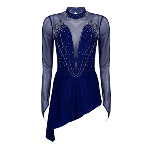 Modernes Tanzkleid, Tanztrikotkleid mit Strasssteinen und Netzstoff, langärmelig, Mehrfarbig, mehrere Größen(Blue,L) von NIUSABOU