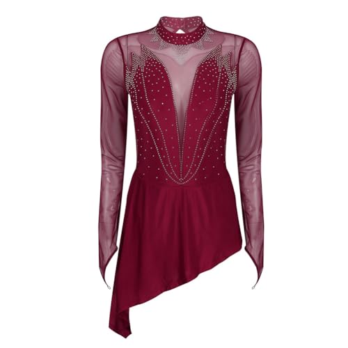 Modernes Tanzkleid, Tanztrikotkleid mit Strasssteinen und Netzstoff, langärmelig, Mehrfarbig, mehrere Größen(Burgundy,L) von NIUSABOU