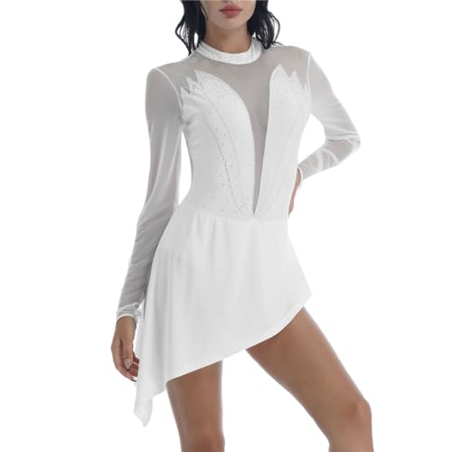 Modernes Tanzkleid, Tanztrikotkleid mit Strasssteinen und Netzstoff, langärmelig, Mehrfarbig, mehrere Größen(White,XL) von NIUSABOU