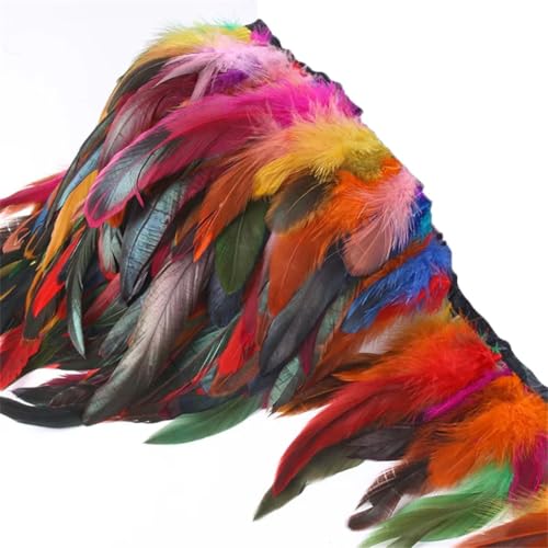 NIUSABOU Feder-Fransen-Besatz, Hühnerschwanzfedern-Besatzstreifen, 5 Meter, 12–15 cm Breite, for Hochzeitsfeier-Dekoration, Basteln(Colorful) von NIUSABOU