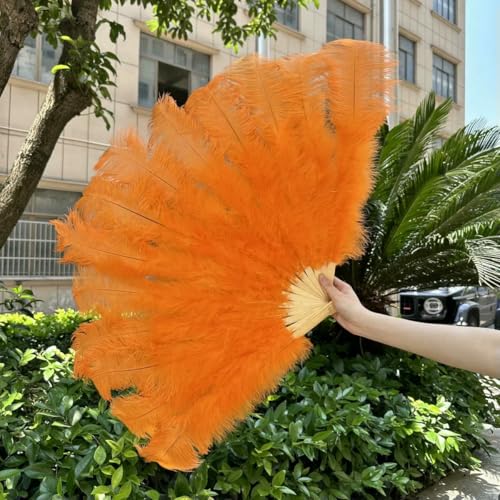 großer Straußventilator, 13 Knochen-Straußenfederfächer, Faltbarer Bühnenfächer for Hochzeit, Party, Theater, Mehrfarbig, 100 cm/130 cm, 1 oder 2 Stück(Orange,130cm 1PCS) von NIUSABOU