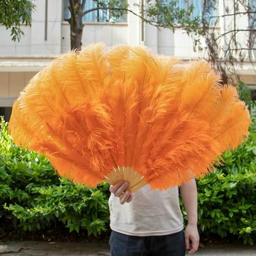 großer Straußventilator, Fächer aus Straußenfedern, handgefertigt, 100 x 60 cm/70 x 40 cm, Mehrfarbig, EIN Paar(All Ostrich Orange,A Pair(Two)) von NIUSABOU