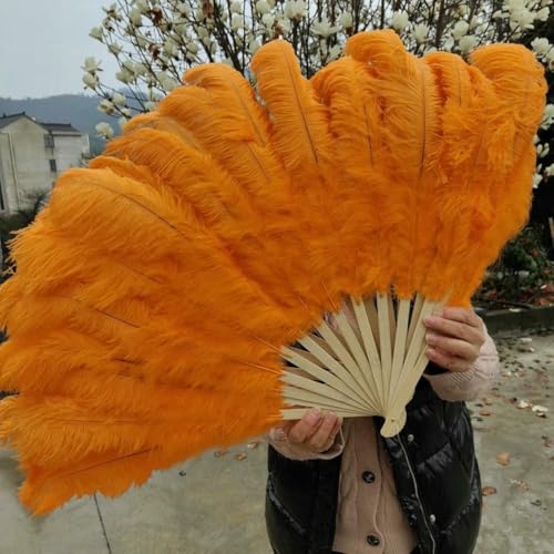 großer Straußventilator, Faltfächer aus Straußenfedern, 13 Knochen, for Bühnenauftritte, Hochzeiten, Partys, Mehrfarbig, 90–130 cm(Orange,Small Fan 2Pcs) von NIUSABOU