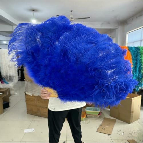 großer Straußventilator, Faltfächer aus Straußenfedern, 13 Knochen, for Bühnenauftritte, Hochzeiten, Partys, Mehrfarbig, 90–130 cm(Royal Blue,Small Fan 1Pcs) von NIUSABOU