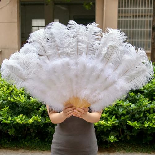großer Straußventilator, Faltfächer aus Straußenfedern, 13 Knochen, for Bühnenauftritte, Hochzeiten, Partys, Mehrfarbig, 90–130 cm(White,Small Fan 1Pcs) von NIUSABOU