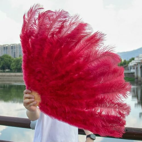 großer Straußventilator, Faltfächer aus Straußenfedern, 13 Knochen, for Bühnenauftritte, Hochzeiten, Partys, Mehrfarbig, 90–130 cm(Wine red,Small Fan 1Pcs) von NIUSABOU