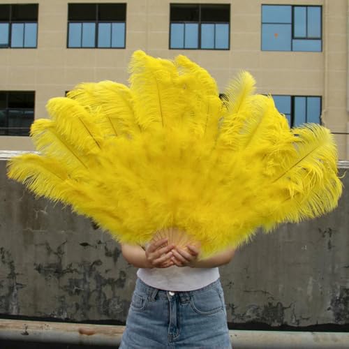 großer Straußventilator, Faltfächer aus Straußenfedern, 13 Knochen, for Bühnenauftritte, Hochzeiten, Partys, Mehrfarbig, 90–130 cm(Yellow,Small Fan 1Pcs) von NIUSABOU