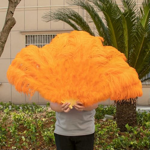 großer Straußventilator, Faltfächer aus Straußenfedern, 13 Stäbe, 100 cm, Mehrfarbig, 2 Stück(011 orange,2 PCS) von NIUSABOU