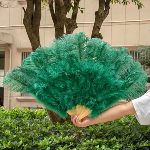 großer Straußventilator, Faltfächer aus Straußenfedern, 13 Stäbe, 100 cm, Mehrfarbig, 2 Stück(023 Dark Green,1 PCS) von NIUSABOU