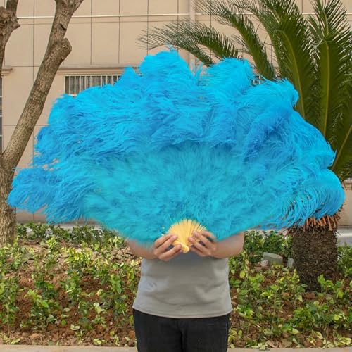 großer Straußventilator, Faltfächer aus Straußenfedern, 13 Stäbe, 100 cm, Mehrfarbig, 2 Stück(06 Lake Blue,1 PCS) von NIUSABOU