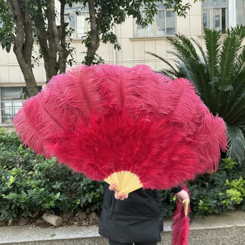 großer Straußventilator, Handfächer aus Straußenfedern, 100 cm/130 cm, Mehrfarbig, 2 Stück, Requisiten for Tanzaufführungen(07 Wine Red,100CM1PCS Right Hand) von NIUSABOU