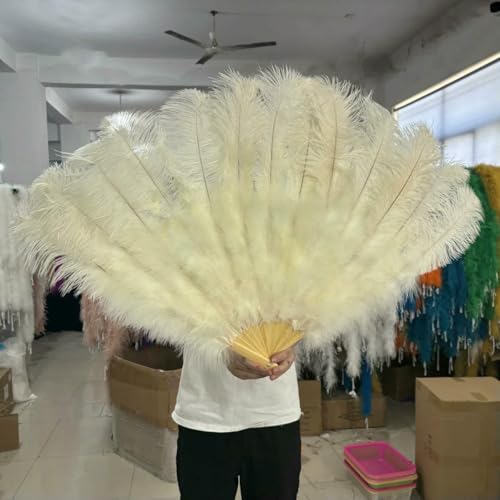 großer Straußventilator, Handfächer aus Straußenfedern, 100 cm/130 cm, Mehrfarbig, 2 Stück, Requisiten for Tanzaufführungen(Beige,100CM1PCS Right Hand) von NIUSABOU