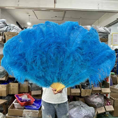 großer Straußventilator, Handfächer aus Straußenfedern, 100 cm/130 cm, Mehrfarbig, 2 Stück, Requisiten for Tanzaufführungen(Lake Blue,100CM1PCS Right Hand) von NIUSABOU