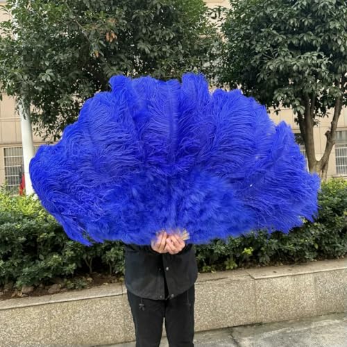 großer Straußventilator, Handfächer aus Straußenfedern, 100 cm/130 cm, Mehrfarbig, 2 Stück, Requisiten for Tanzaufführungen(Royal Blue,100CM 1PCS Left Hand) von NIUSABOU